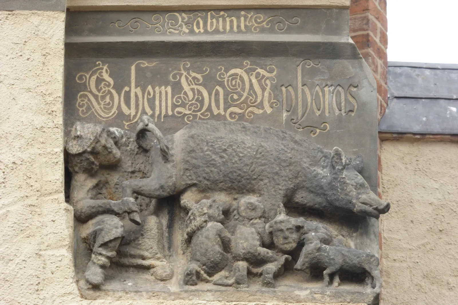 The antisemitic Judensau relief on the church in Wittenberg