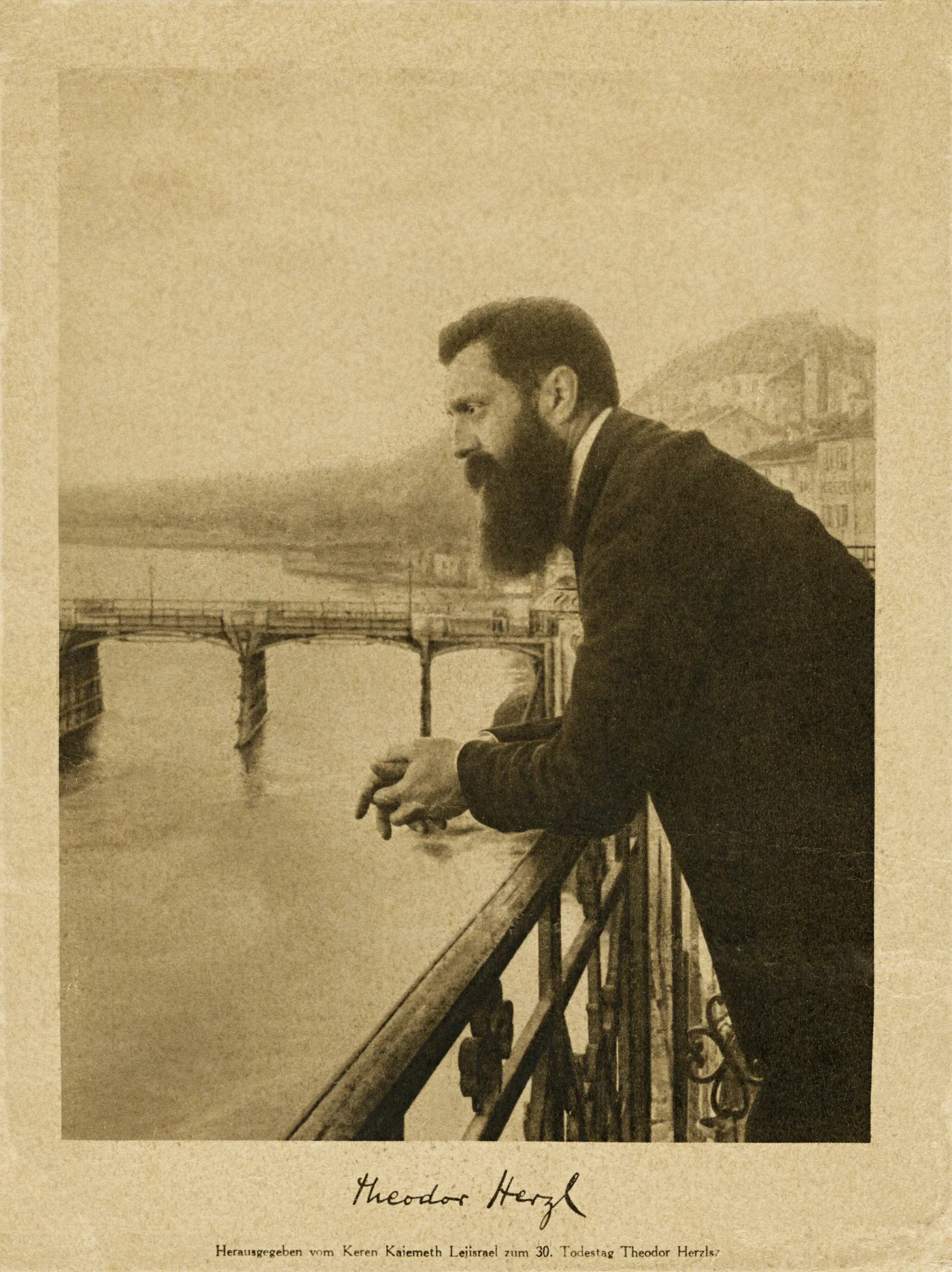 Theodor Herzl standing on a balcony in Basel