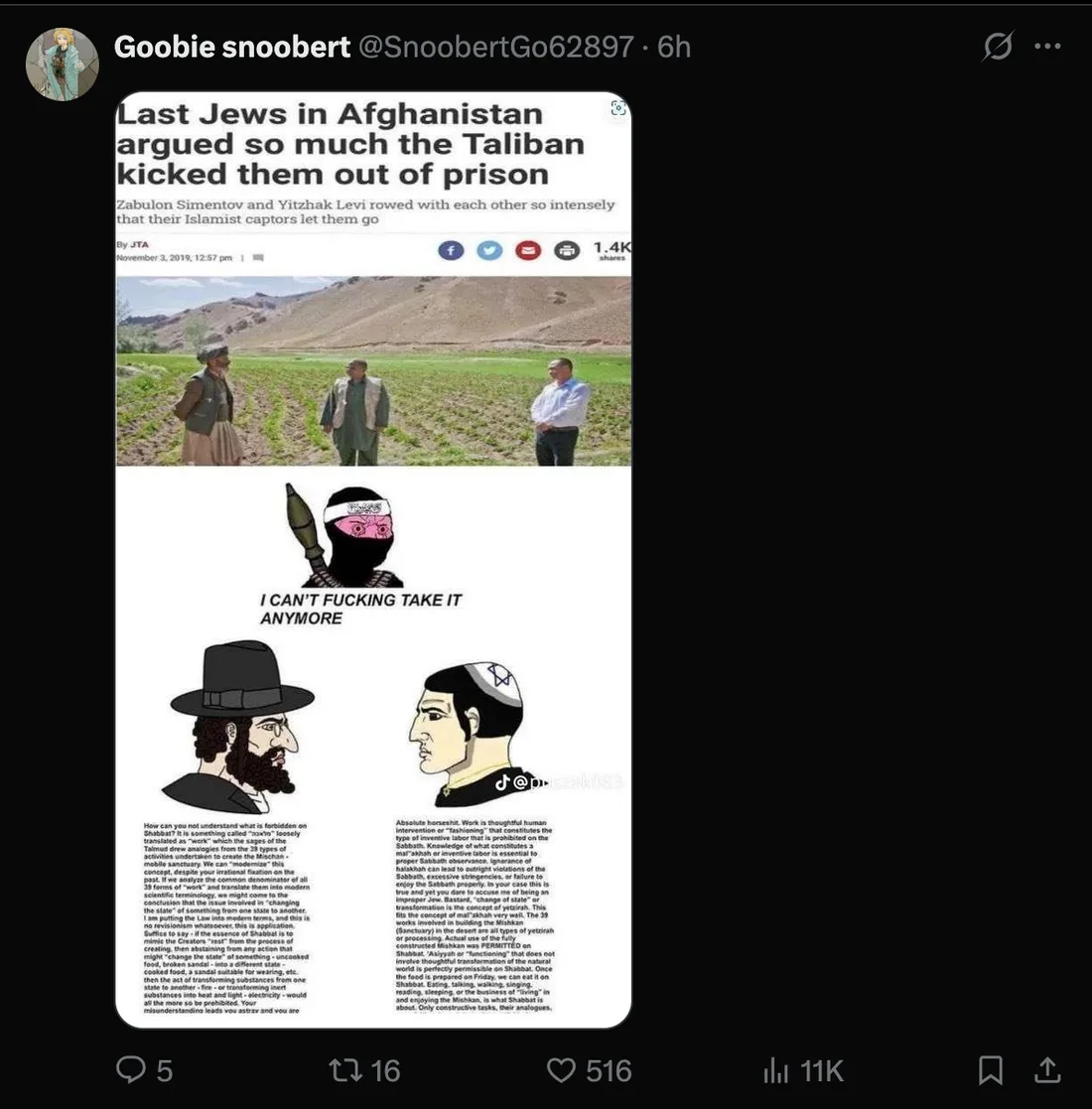 Meme: news headline about Afghan Jews plus Wojak figures debating halakha