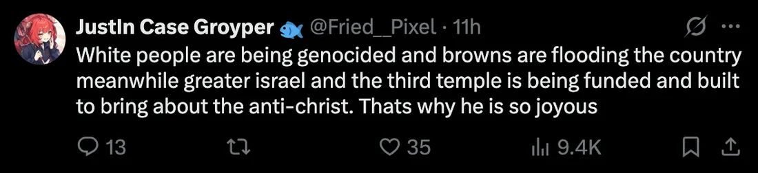 X post: white genocide and immigration rant tying Greater Israel and Third Temple to the Antichrist