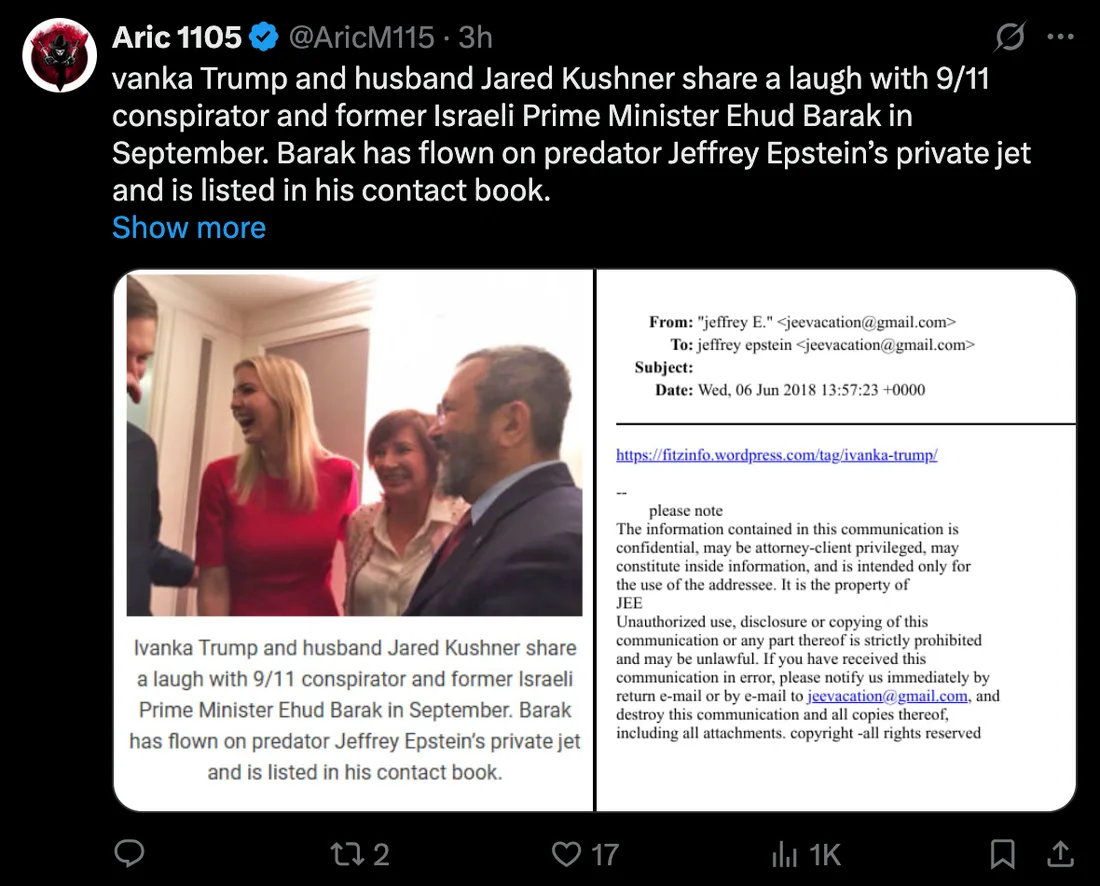 Composite: photo of Kushner and Barak beside Epstein-related screenshot