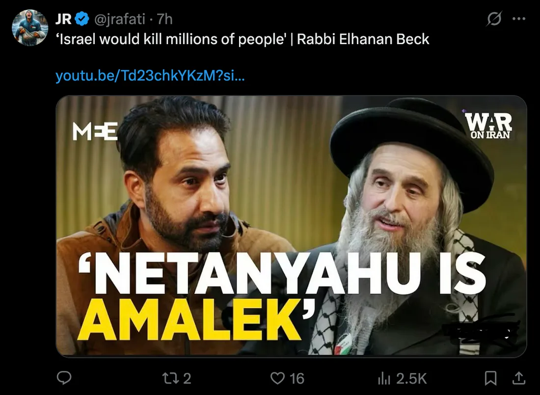Video thumbnail: Netanyahu is Amalek headline with rabbi in keffiyeh