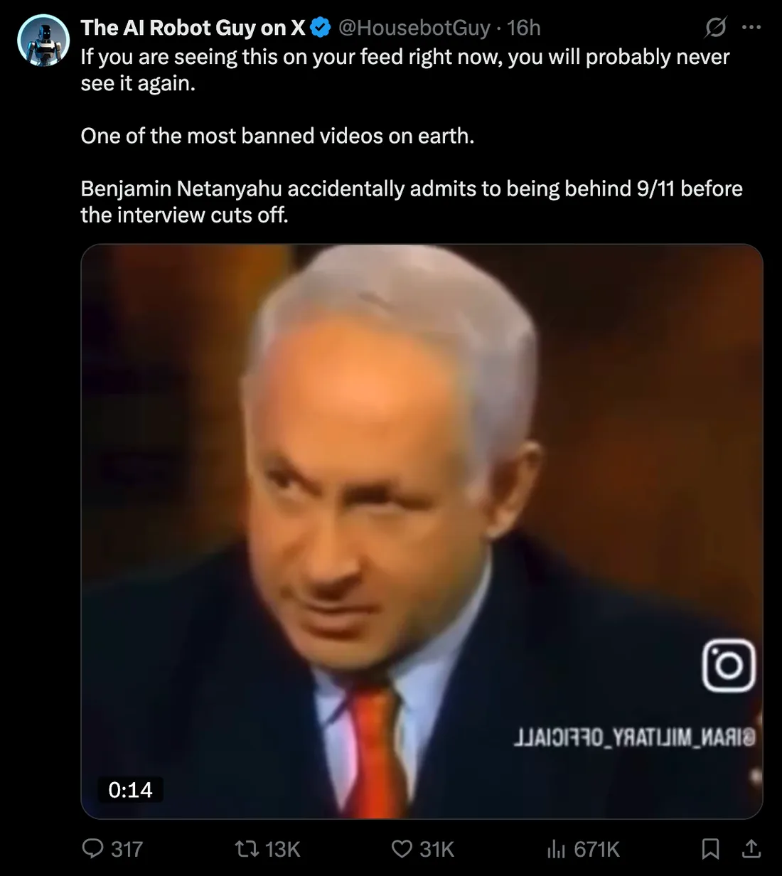 X post claiming a banned clip shows Netanyahu admitting 9/11 involvement
