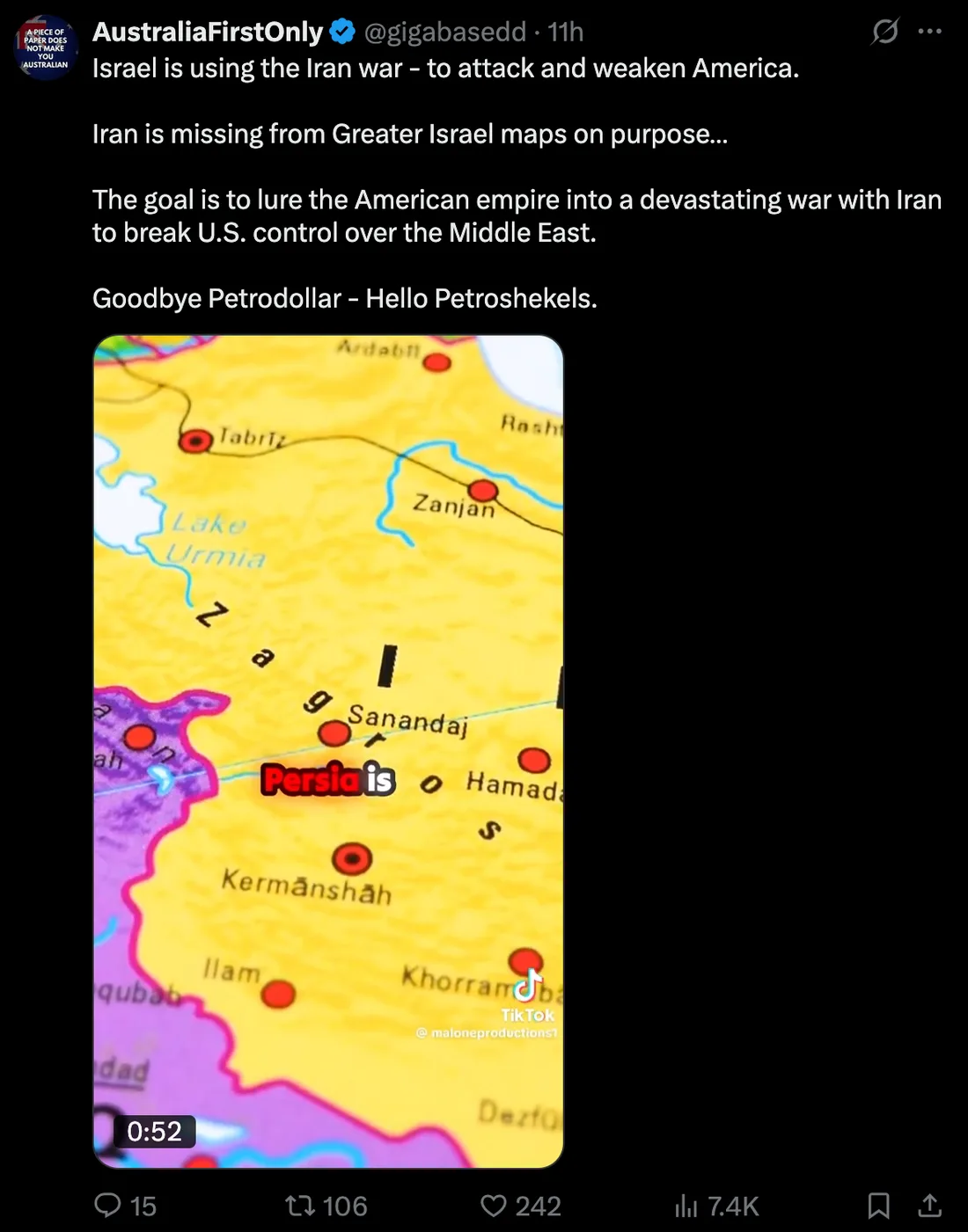 X post claiming Israel lures the U.S. into war with Iran; video still of Middle East map with Persia overlay; Petroshekels punchline