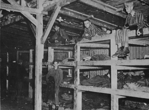 Survivors in tiered bunks in a barracks at Buchenwald concentration camp shortly after liberation